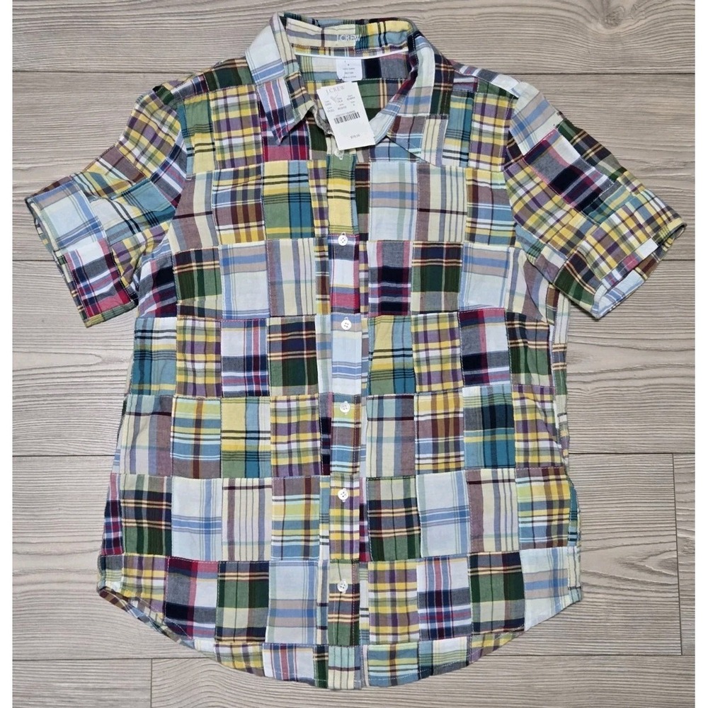 New J CREW Patchwork Indian Madras Popover Short Sleeve Shirt Prep Size‎ 4 NWT
